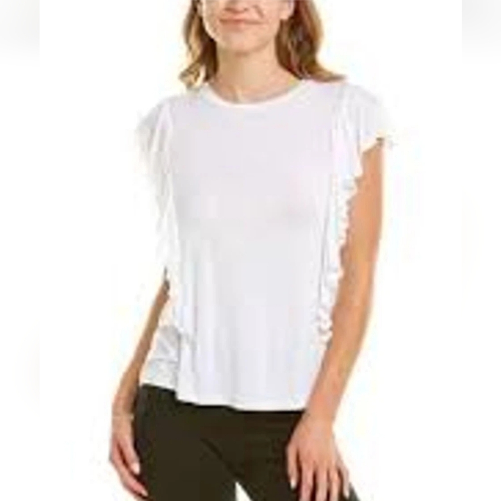 NWT HALE BOB Women's RUFFLE Short Sleeve TOP Size Medium, Bamboo, White Color